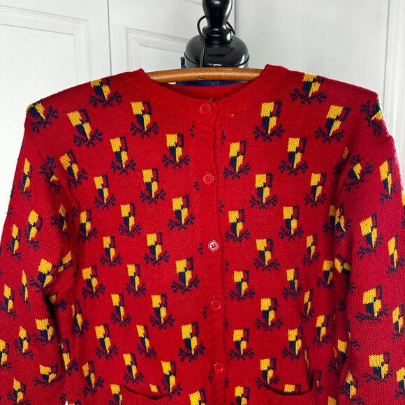 Vintage Women's Hasting & Smith Petites Red Heraldic Button Up Cardigan Size MED - Picture 2 of 6